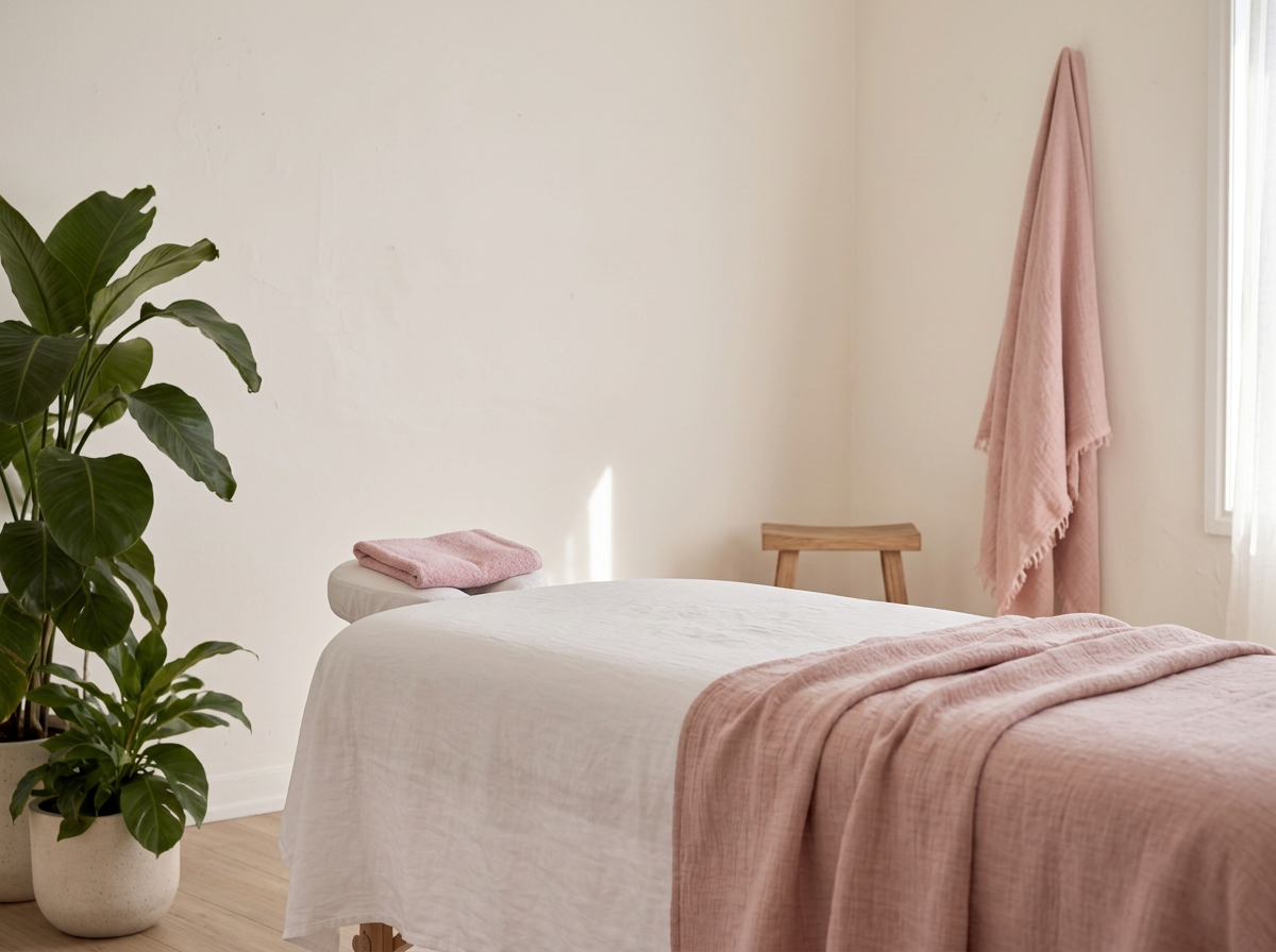 An empty massage room with a plain wall and soft pink linens